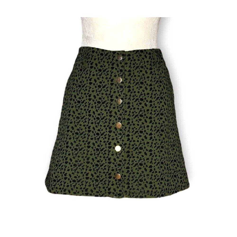 Zara Trafaluc Mini Skirt A-Line Animal Print Snap Front Texture Green Black S
